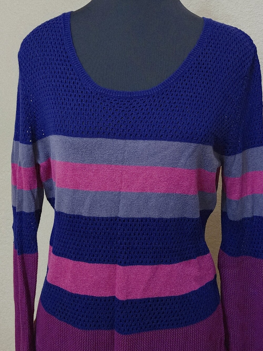 Striped Open-Knit Crewneck Sweater in Blue, Pink & Gray